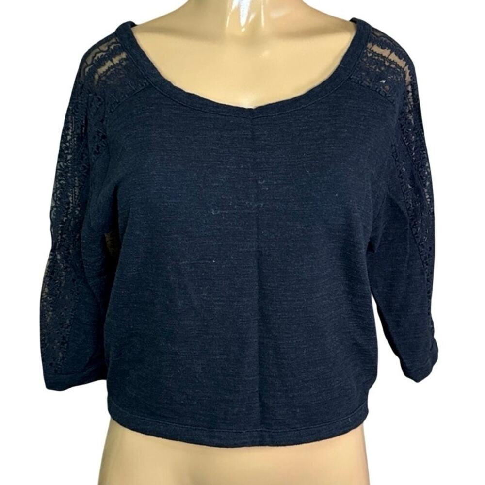 American Eagle Black Lace Inset Sleeve Wide Neck Top Size Small